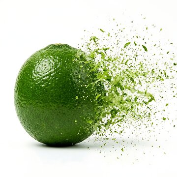Conceptual image of a green lime fruit disintegrating into small particles on white