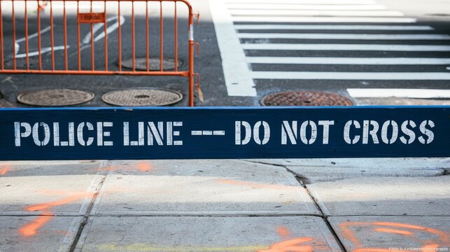 Police line barrier marked with "DO NOT CROSS" in white letters, positioned on a city sidewalk near a crosswalk with orange traffic barriers in the background