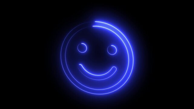 Glowing blue neon smiley face rotating on black background