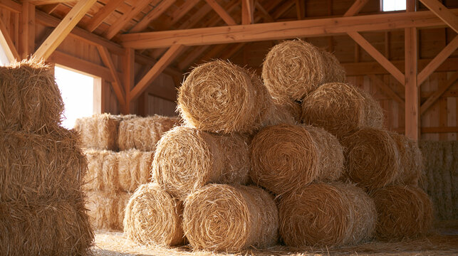 Round and Square Straw Bales Piled Beneath Rustic Barn Roof