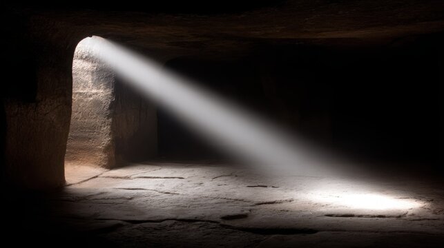 Sunlight pierces the darkness of an ancient stone cave floor, hinting at a mysterious descent.