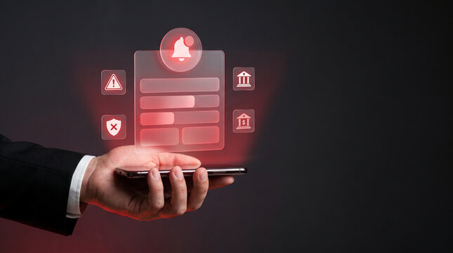 Businessman holding smartphone with holographic invoice and red alert bell icon for urgent bank notification account suspension financial fraud and digital transaction failure concept