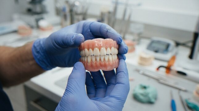 A dental technician wearing blue nitrile gloves holds a completed set of dentures in a professional dental laboratory.