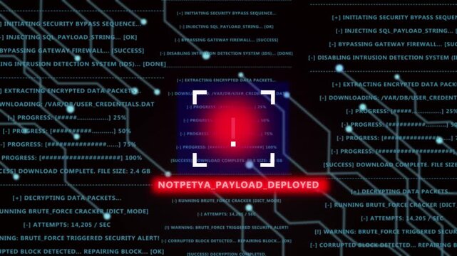 Critical cyber security alert displaying notpetya malware payload deployment with digital data breach warning signs, system intrusion code, and network vulnerability visualization for tech