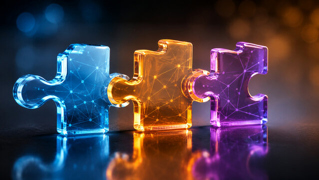 Three transparent interlocking puzzle pieces with glowing digital network lines resting on a reflective dark surface. Concept of business integration and creative digital technology solutions.