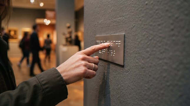 A close-up shot of a person's hand touching a braille sign on a wall inside a museum, highlighting accessibility and inclusive design.