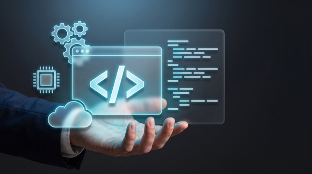 Businessman holding holographic web browser with coding tag line script microchip and cloud icons for cloud computing backend development and software programming concept