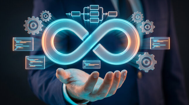 Businessman holding glowing holographic infinity loops for DevOps agile software development continuous integration deployment automated workflow and IT lifecycle concept