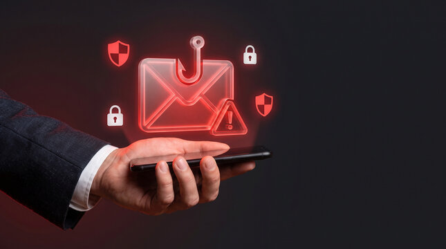 Businessman holding smartphone with holographic phishing email envelope and fish hook icon for cyber attack online scam data breach and internet security awareness concept