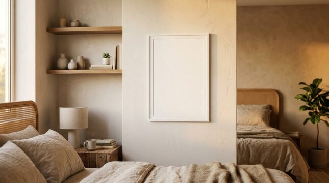 Large blank frame mockup in bright modern bedroom interior.
