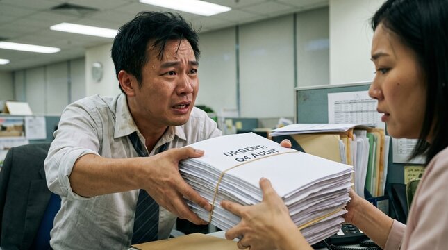Desperate overworked Asian man giving urgent Q4 audit paperwork to a coworker
