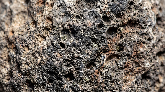 Porous volcanic rock surface with rough texture and holes for geology background.