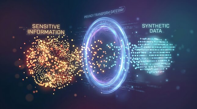 Conceptual Digital Illustration of Sensitive Personal Information Being Transformed into Anonymous Synthetic Data via a Futuristic Gateway
