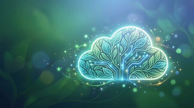 Digital cloud computing concept with organic leaf elements and glowing circuitry in a green environment