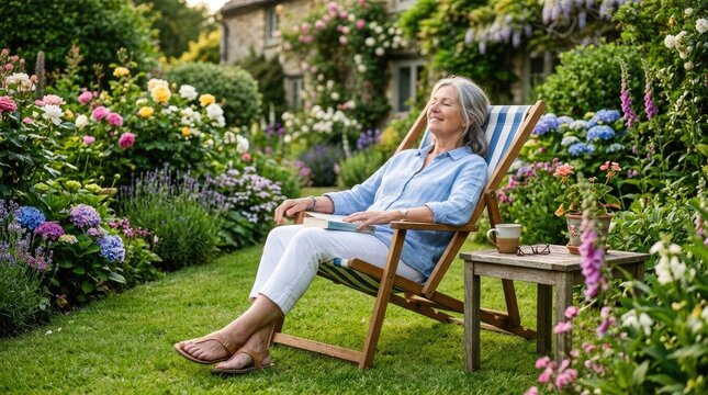 A smiling elderly woman relaxes in a striped deck chair in a lush garden. She is reading a book and holding a mug of tea.