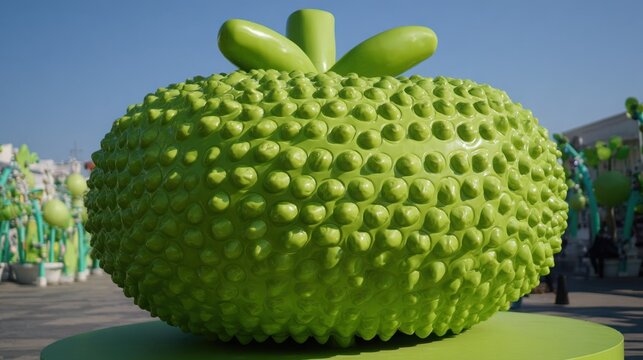 Giant green bumpy fruit inflatable balloon sculpture with playful texture outdoors