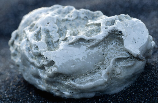 Extreme macro close-up of raw aged ambergris chunk on dark wet sand, pale silver-gray waxy surface with rough barnacle-scarred texture and ocean erosion patterns, irregular lumpy form