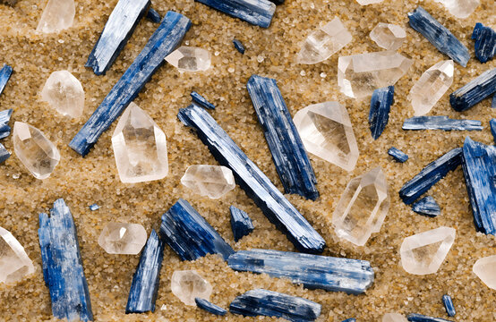 Overhead macro close-up of golden sand scattered with raw blue kyanite blades and clear quartz points filling frame, warm and cool tone contrast
