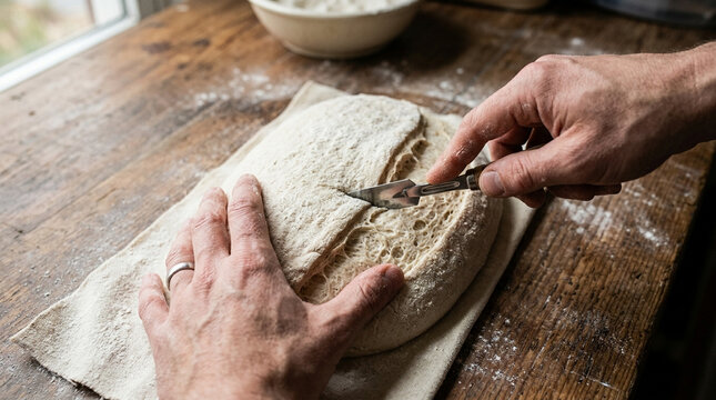 Baker's hands scoring sourdough bread dough with knife on rustic wooden table