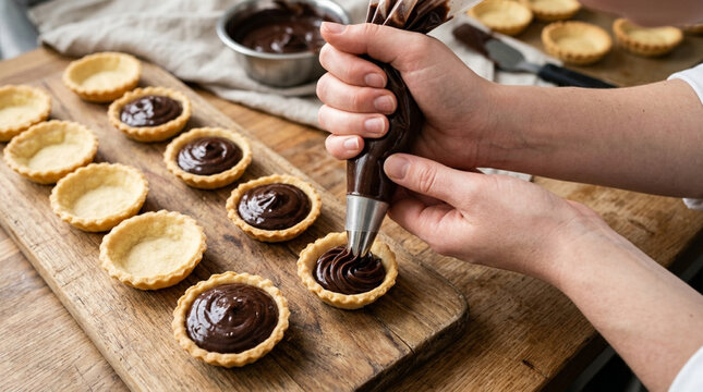 Baking Chocolate Tartlets: Hands Piping Ganache into Pastry Shells