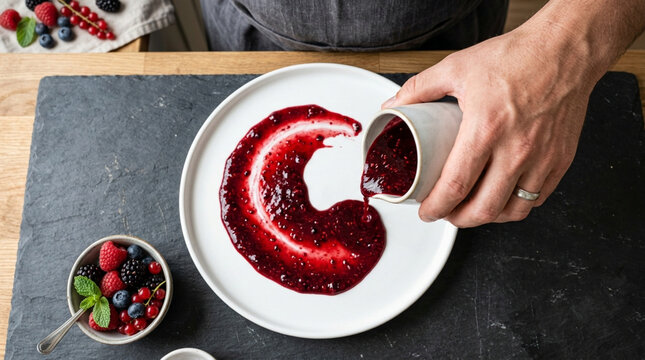 Chef garnishing plate with berry coulis, overhead shot, close-up