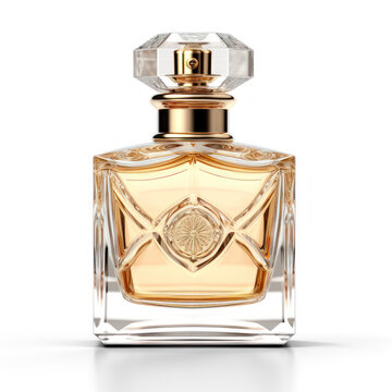 A clear, square perfume bottle with a faceted crystal cap. The bottle is amber-colored with gold accents and a decorative emblem.