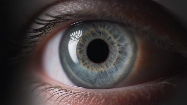 Extreme macro footage of a single healthy human gray iris with one subtle circular catchlight for world sight day