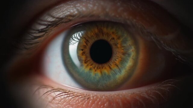 Extreme macro footage of a single healthy human hazel iris with one subtle corneal catchlight for world sight day