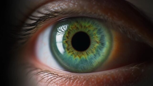 Extreme macro footage of a single healthy human green iris with one subtle soft catchlight for world sight day
