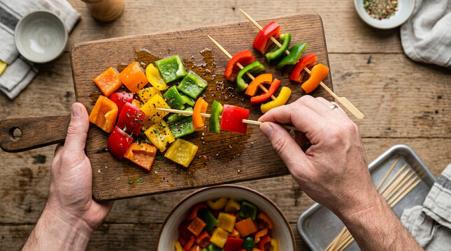 Colorful Bell Pepper Skewers Being Prepared on Wooden Board
