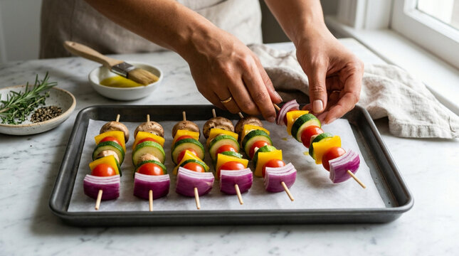 Colorful Vegetable Skewers Being Prepared on Baking Sheet
