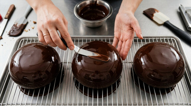 Confectioner Decorating Chocolate Mirror Glaze Sphere Cakes
