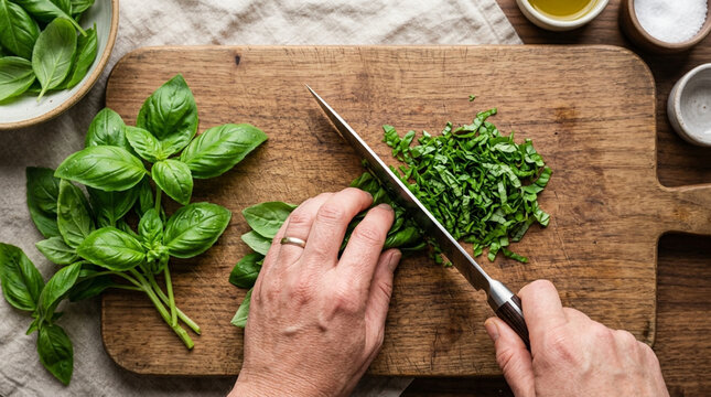 Chopping fresh basil leaves on a rustic wooden cutting board for cooking