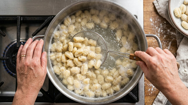 Cooking Homemade Gnocchi in Boiling Water on Gas Stove