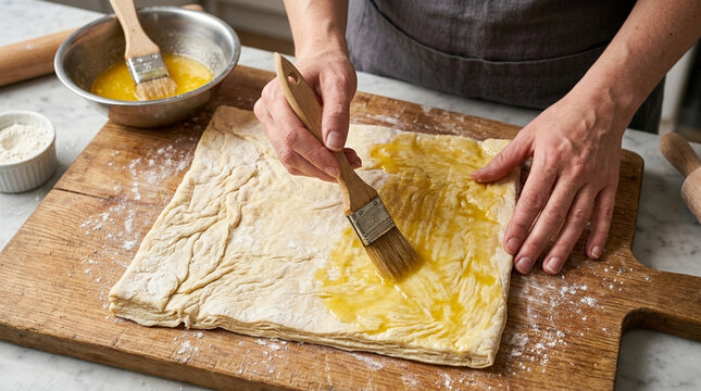 Baker brushing puff pastry with melted butter on wooden board, close-up