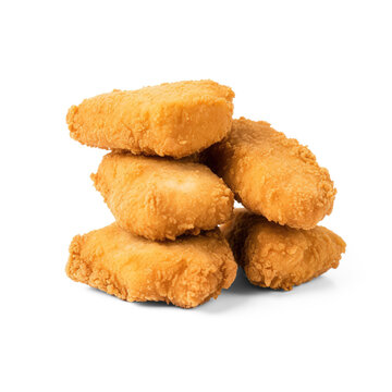 A stack of golden-brown chicken nuggets sits on a png transparent. The nuggets are irregularly shaped and have a crispy, textured coating.