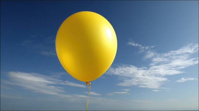 A single bright yellow helium balloon floats joyfully against a clear blue sky with wispy clouds.