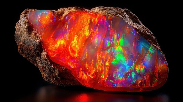 A raw fire opal specimen displaying vibrant internal flashes of orange, red, and iridescent spectral colors, showcasing its unique geological beauty