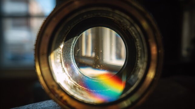 Abstract circular aperture reveals distorted rainbow spectrum of light with prism effect