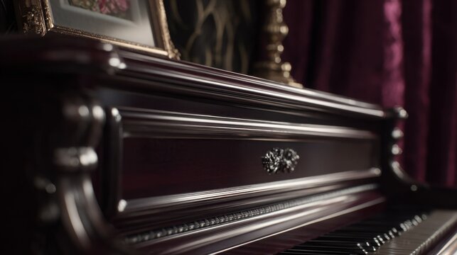 Close-up of a polished dark wood piano with intricate decorative detail and gleaming surface, showcasing its elegant craftsmanship.