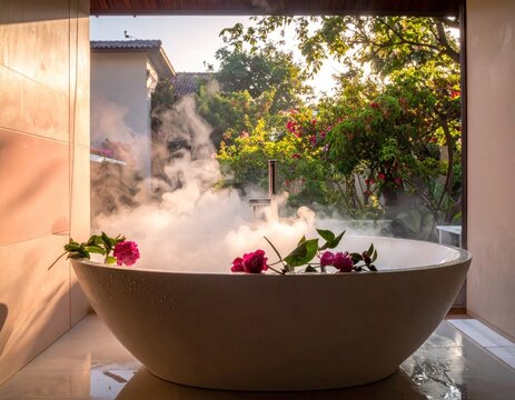 Steaming hot tub with pink roses in outdoor garden.