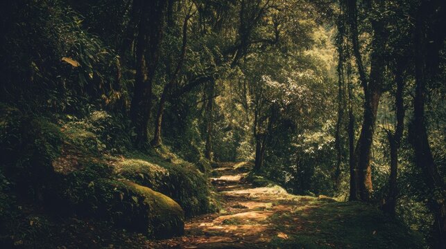 A winding narrow path through a dense, lush jungle under dappled sunlight