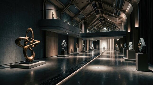 A dimly lit museum hall showcases a collection of bronze sculptures. The hall features a grand, arched ceiling with exposed beams and a mezzanine level.