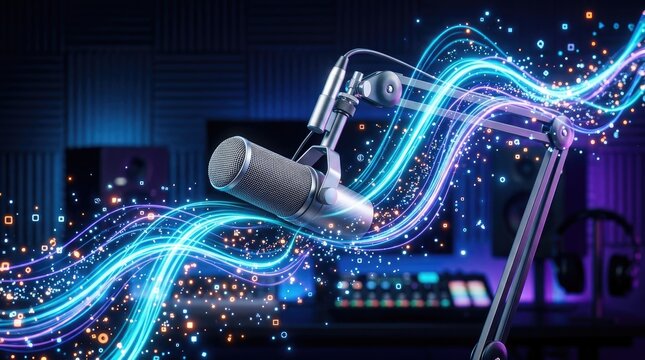 A silver microphone stands on an adjustable boom arm, positioned in a recording studio. Dynamic, colorful light trails swirl behind the microphone, creating a vibrant and energetic atmosphere.