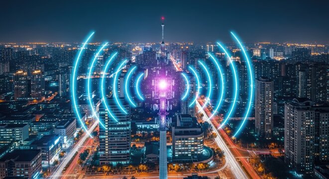 A vibrant cityscape glows beneath a network of glowing Wi-Fi signals. The signals radiate outwards from a central point, illuminating the buildings and streets below.