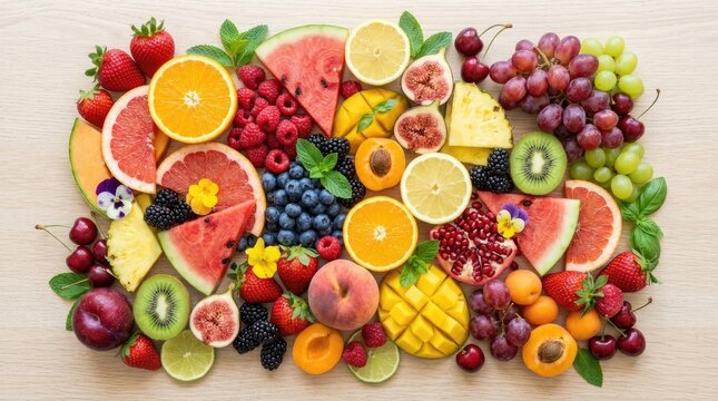 A vibrant assortment of fresh fruits is arranged artfully on a light wood surface.
