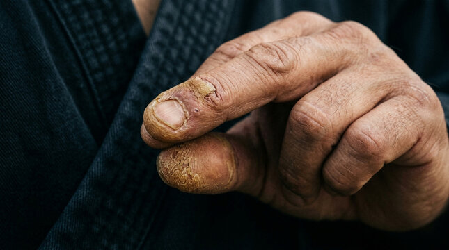 Close-up of hardened, calloused fingers of a martial artist in a gi