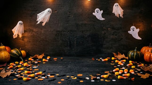 Several white, hanging ghost decorations float in front of a dark wooden surface. Pumpkins and scattered candy corn are arranged on the surface.