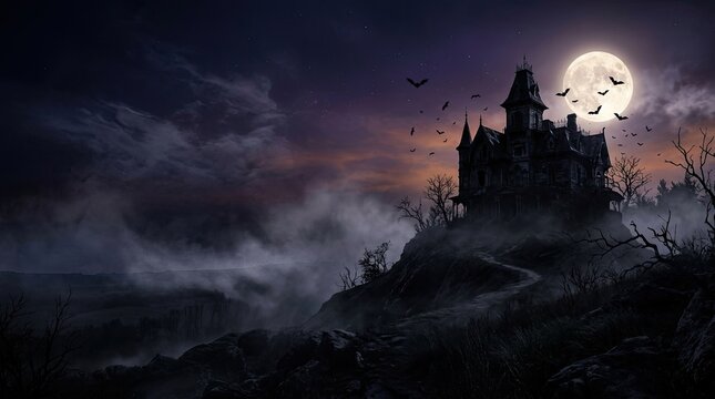 A dark, ominous, and atmospheric image of a large, gothic mansion perched atop a rocky hill during a full moon night. Several bats fly across the dark sky.