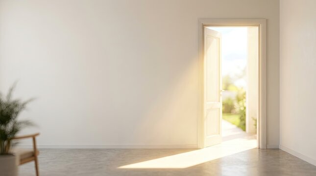 Sunlight streams through an open doorway into a bright room. A wooden door is partially open, revealing a garden scene beyond.